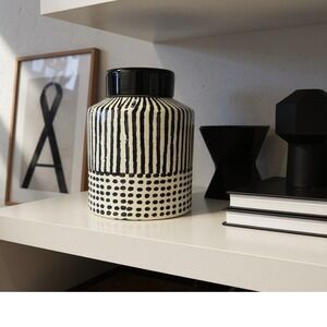 Zara Home Black and White Striped Polka Dot Ceramic Storage Jar with Lid